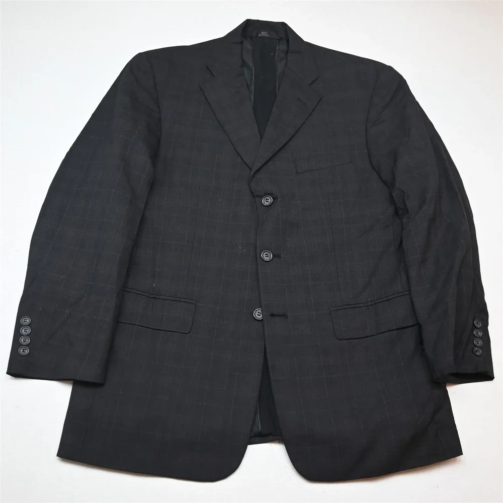 Vtg Y2K 2000s Boxy 40R 32x30 Gray Check Mens Jacket Pants Suit